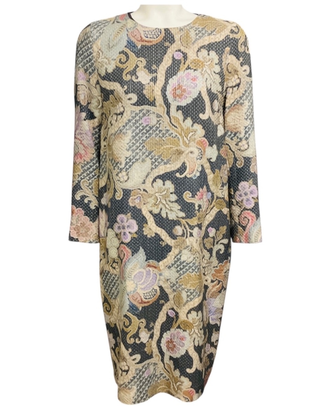 DRIES VAN NOTEN GREY / BEIGE / SILVER METALLIC JACQUARD LONG SLEEVED MIDI COCKTA